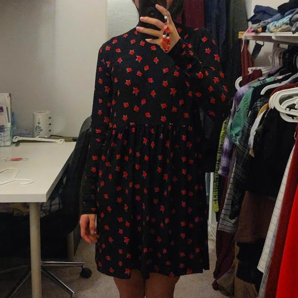 Liv & Lottie Black Floral Babydoll Dress, Size M